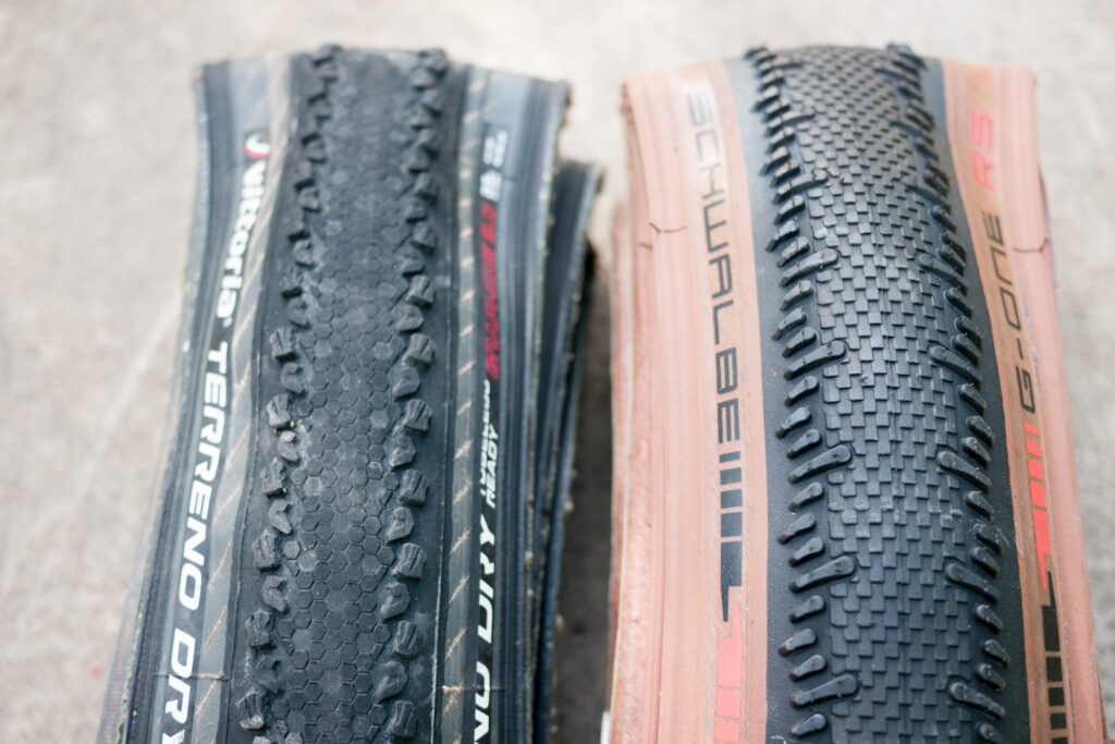 Semi slick gravel tyres tires cycling Scwalbe G-One RS 35mm semislick Vittoria Terreno Dry comparison compare